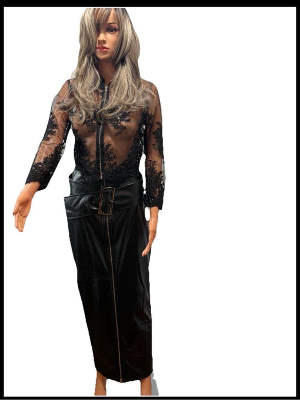 Edgy Black Faux Leather Skirt Set + Sheer Lace Zip Top Size M